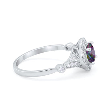 Halo Vintage Style Engagement Ring Simulated Rainbow CZ 925 Sterling Silver
